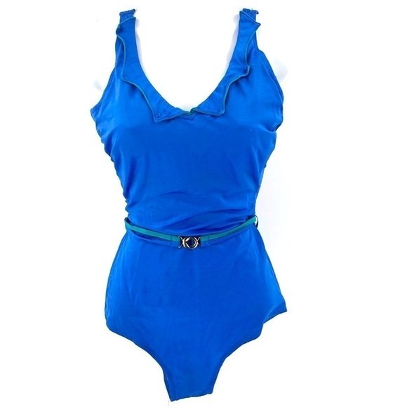 Vintage 80’s Ebb Tide One Piece Swimsuit Belted Bathing Suit Blue Pinup L / 16 - Picture 11 of 11